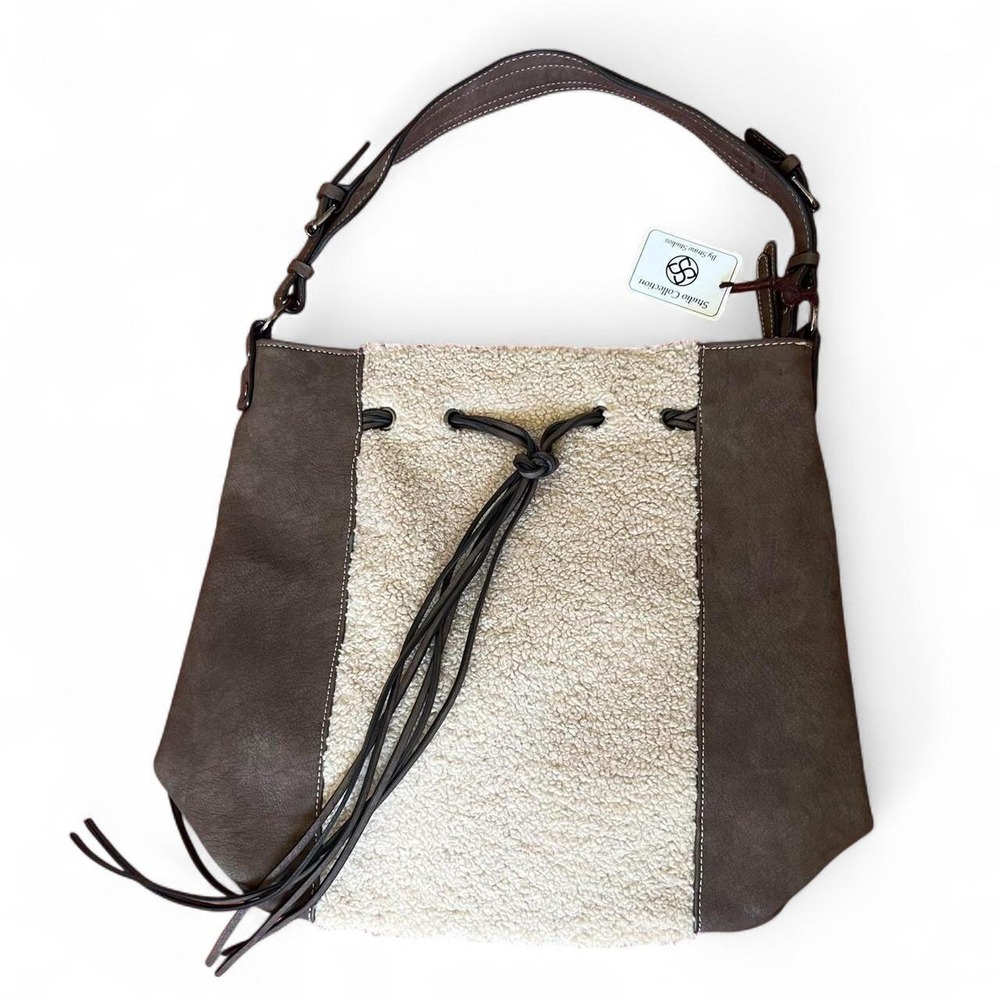 Brown Suede & Sherpa Boho Western Bucket Bag NWT